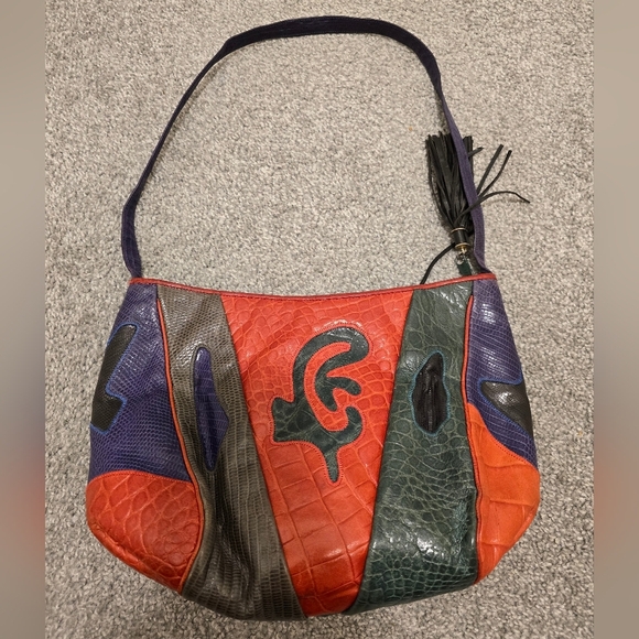 Vintage Sharif Multicolored Lizard/ Croc Patchwork Crossbody/Shoulderbag - Picture 8 of 14